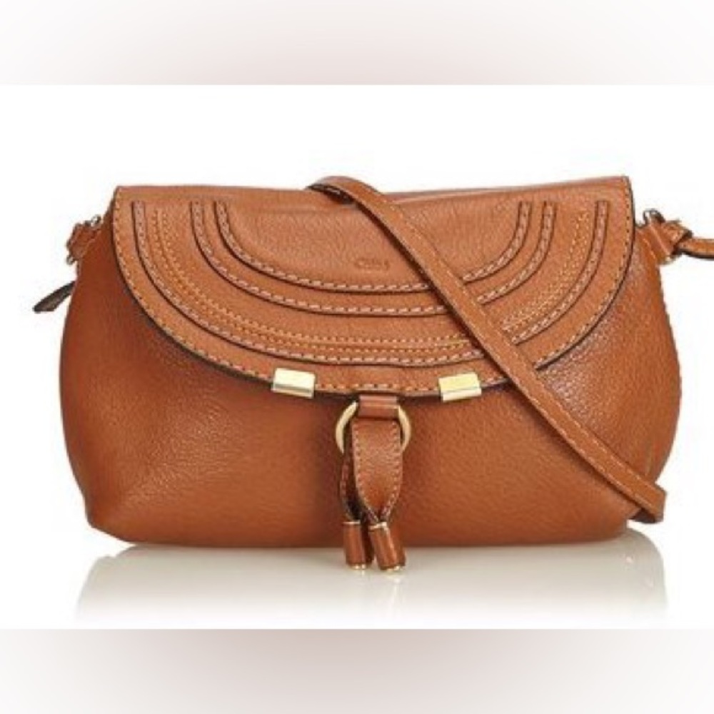 Authentic CHLOE Calfskin Marcie Pochette Crossbody Bag in brown leather